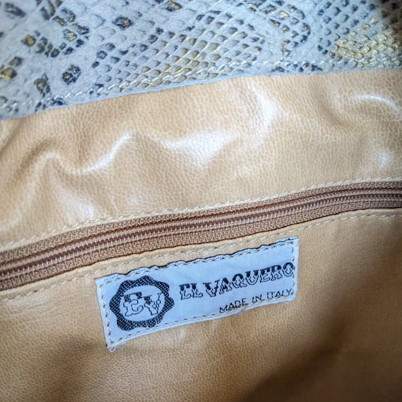 El Vaquero Beige Python Hobo Bucket Bag Purse Snakeskin Fishnet Linen - Picture 15 of 15